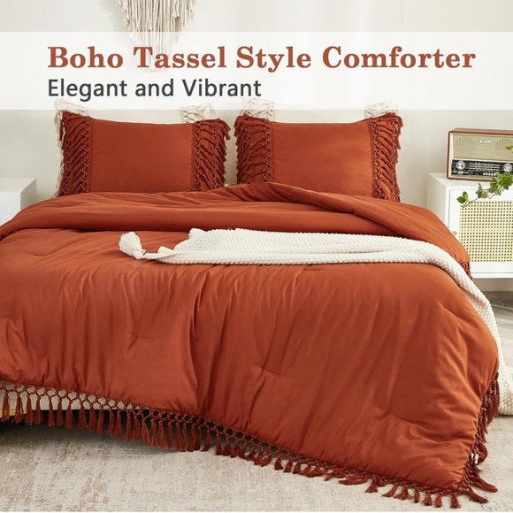 King size comforter set 3 pieces boho bohemian fringe tassel burnt orange queen - Picture 4 of 6